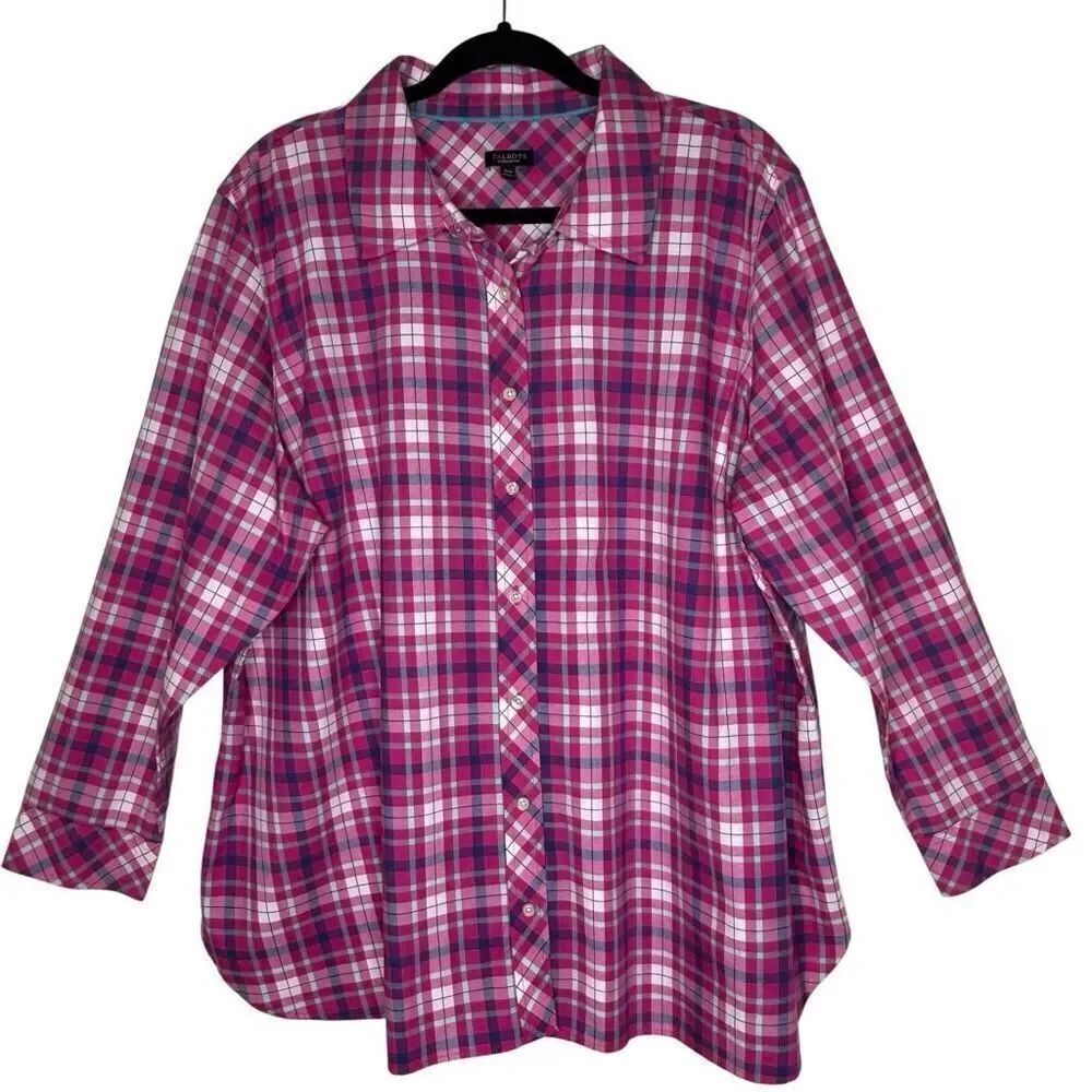 Talbots Preppy Pink & White Plaid Button Up Long Sleeve Blouse Size 3XP